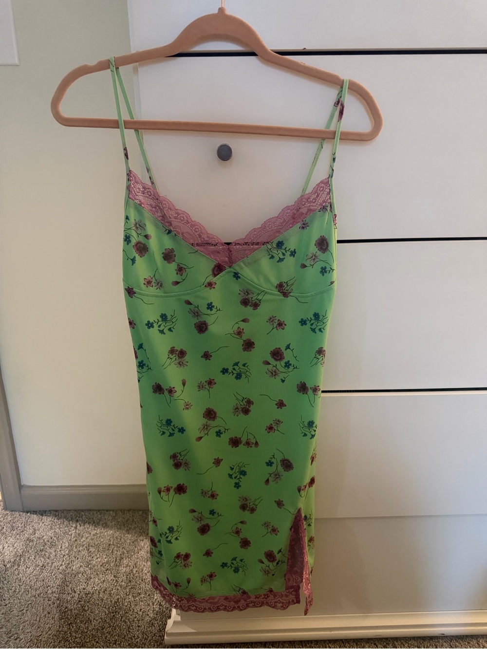 Motel Rocks Lace-Trim Floral Slip Dress - Green with Pink Lace